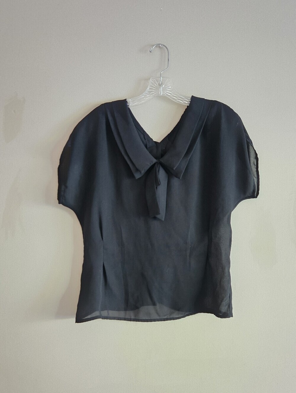 Vintage Sheer Black Wednesday Addams Style Collared Shirt Short Sleeve Front Tie